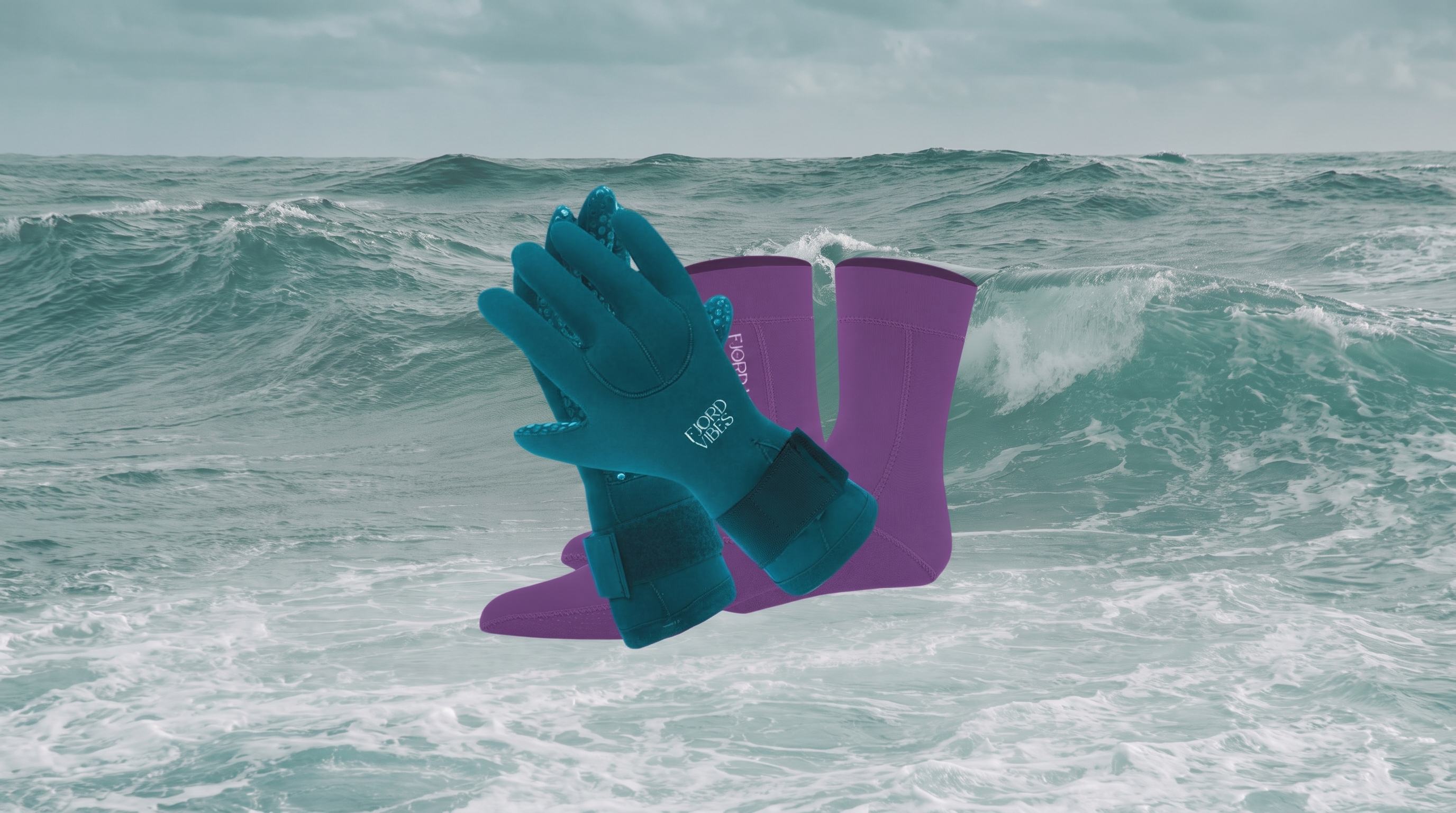 Ekte produktfoto: Fjord Vibes neoprenhansker og -sokker, hele produktet synlig