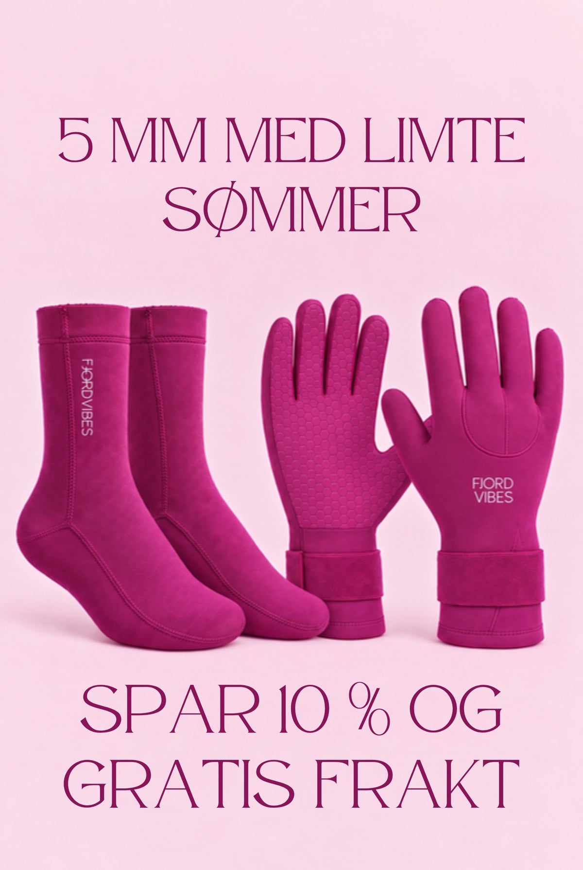 Rosa neoprensokker og neoprenhansker 5 mm fra Fjord Vibes – pakke