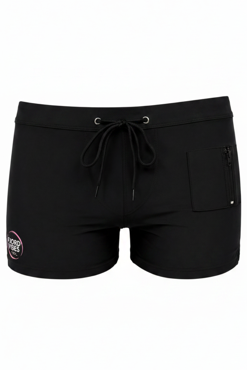 Badebukse trunk for menn svart med rosa detaljer front view Fjord Vibes of Norway