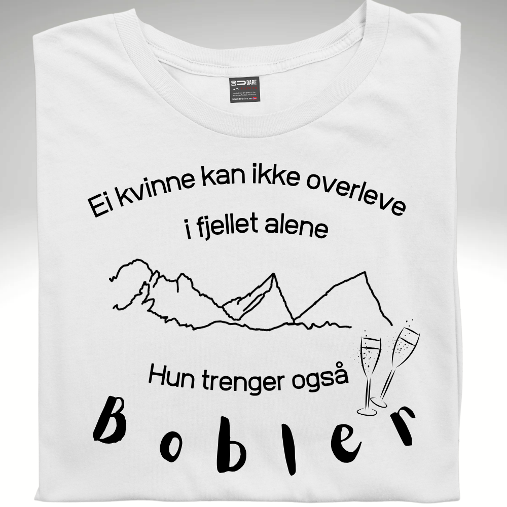 Hvit t-skjorte med motiv av prosecco og bobler dame-modell på bokmål
