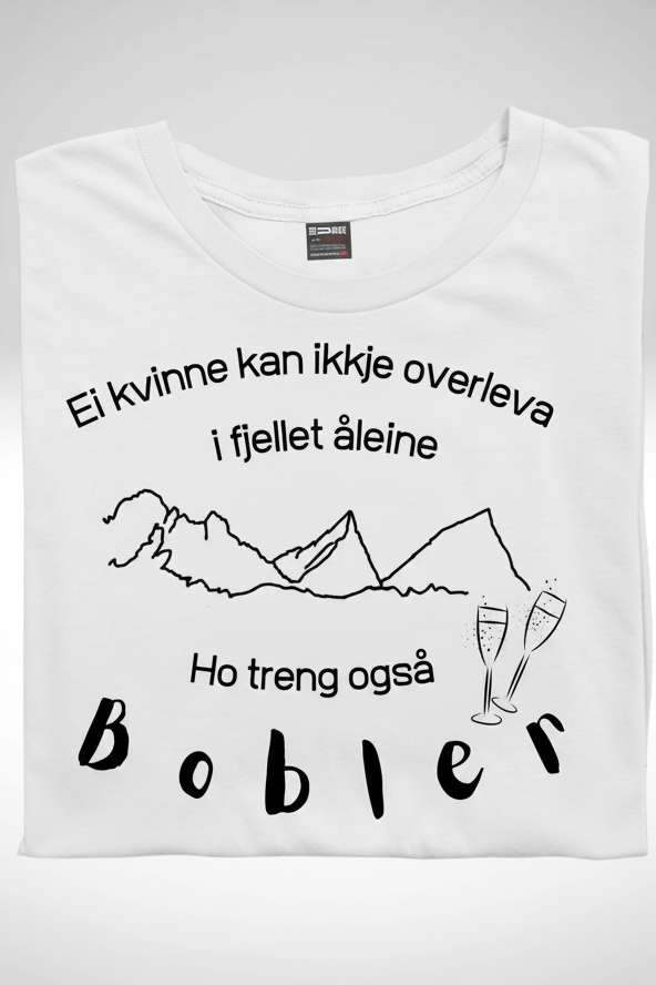 Hvit t-skjorte med motiv av prosecco og bobler dame-modell på nynorsk