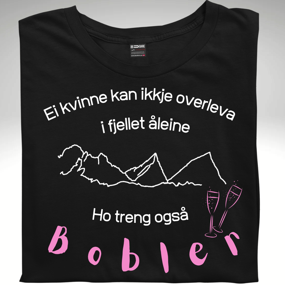 Svart t-skjorte med motiv av prosecco og bobler dame-modell på nynorsk