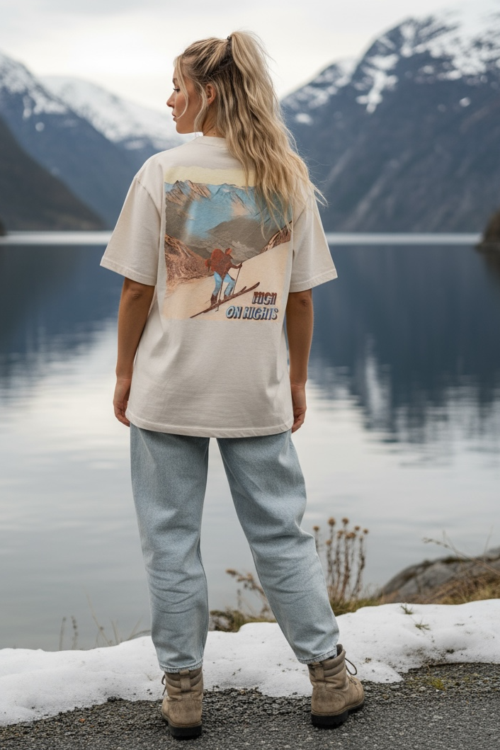 Dame som har på en oversized beige washed tee med ski-motiv trykka på hele ryggen. Hun står ved en fjord med snø på fjelltoppene