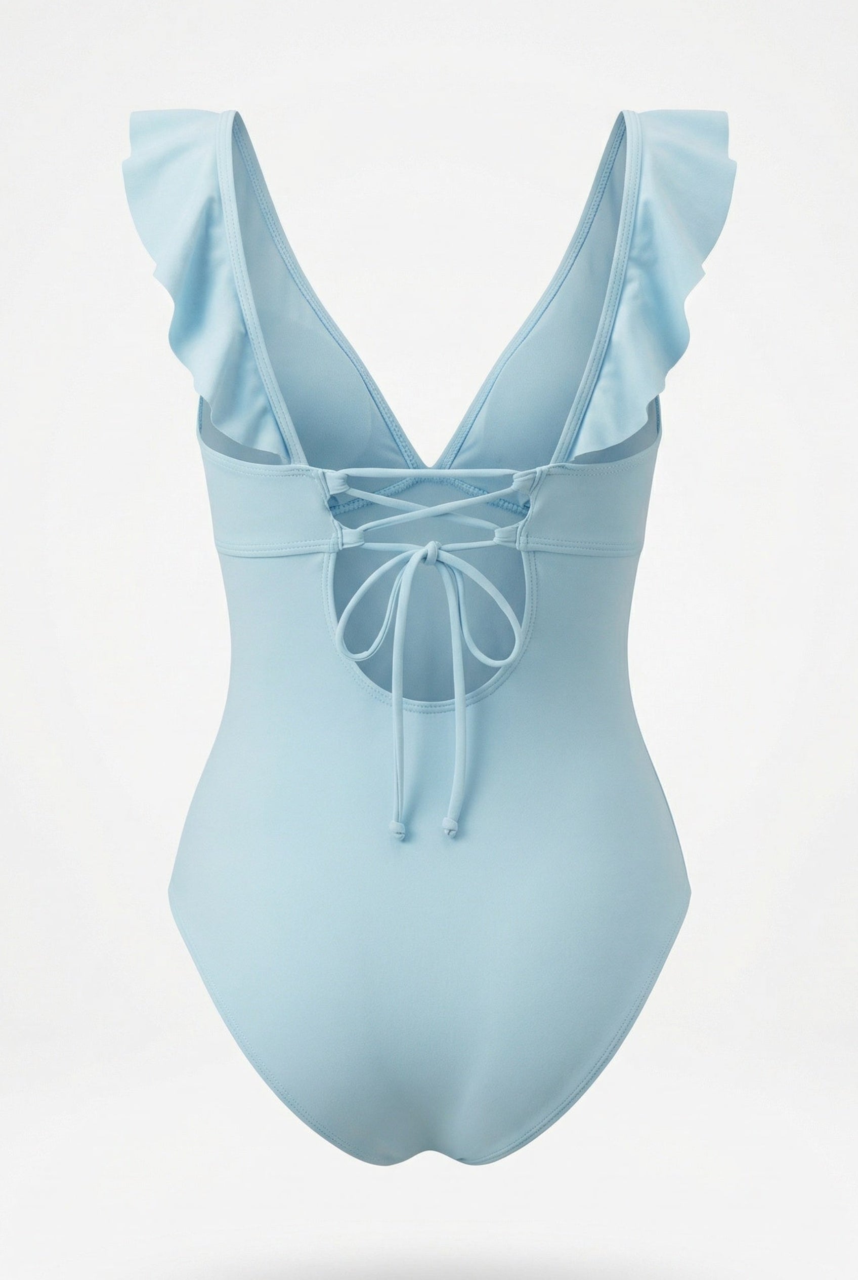 Himmelblå Sonja badedrakt fra fjordvibes - DoUdare flytende ghost-modell av badedrakten sett bakfra