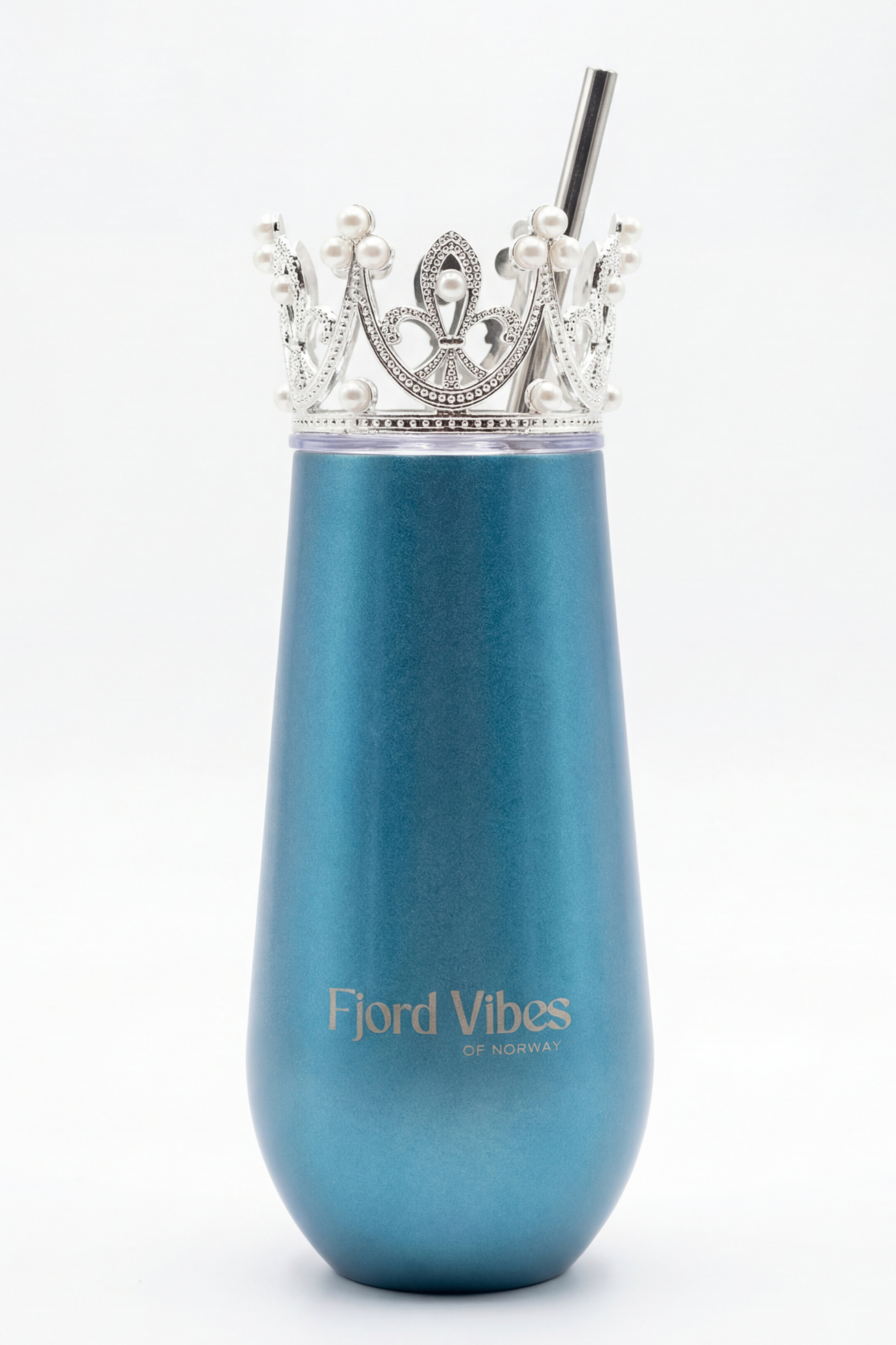 Prosecco champagne kopp i blå dobbelvegget termokopp til bobler med prinsessekrone og sugerør