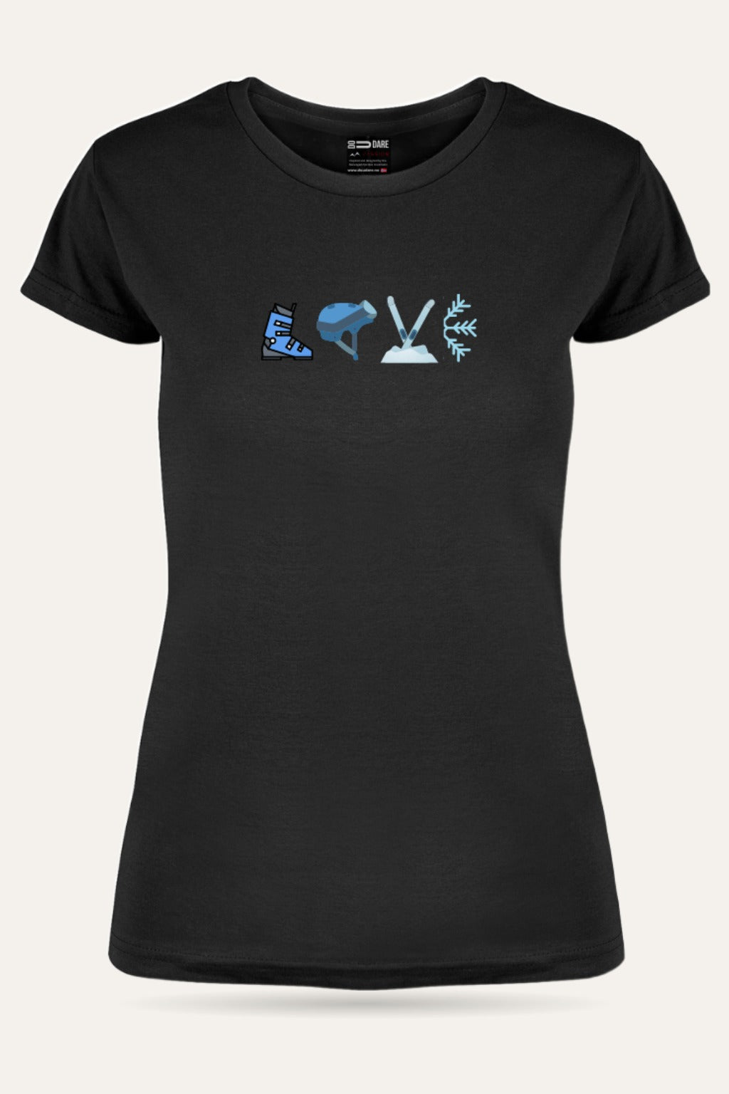 Love to Ski t-skjorte dame i sort sett forfra – viser passform og trykk – Fjord Vibes
