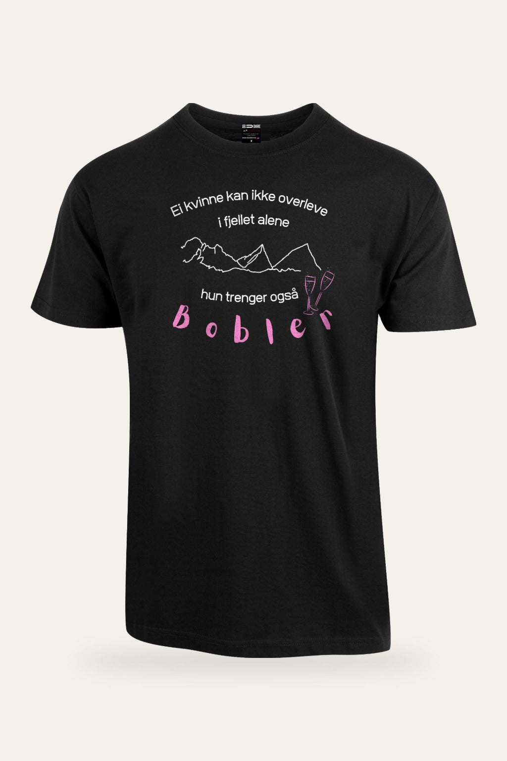 Prosecco unisex t-skjorte med rett passform i sort, hvit tekst og rosa Bobler med fjellmotiv: Ei kvinne kan ikke overleve i fjellet alene, hun trenger også bobler – Fjord Vibes