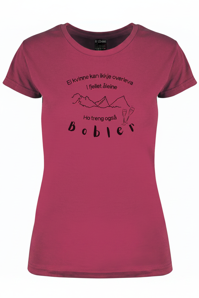 Prosecco tee i rosa farge- Innsvinget dame modell med påskrift ei dame kan ikkje overleva i fjellet åleine, ho treng også bobler