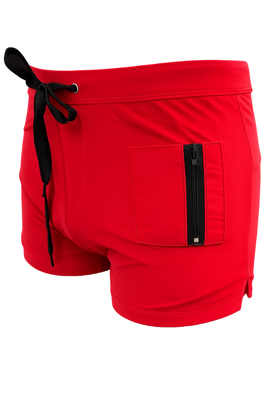 Rød Lauritz badebukse trunks for menn med snøring og lomme med glidelås fra Fjrod Vibes of Norway, sett fra siden
