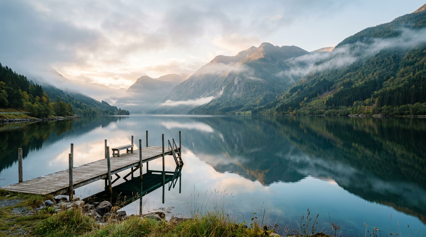 Norsk fjord med brygge, naturbilde
