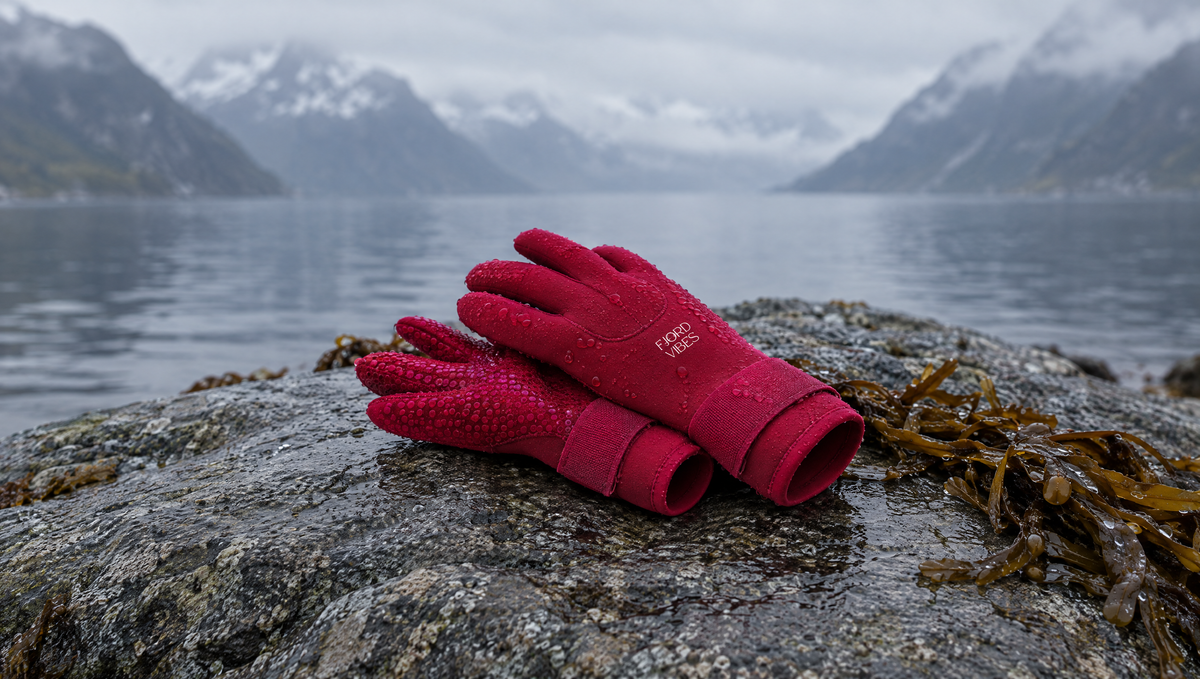 Røde neoprenhansker på våt stein med tare ved fjordkanten