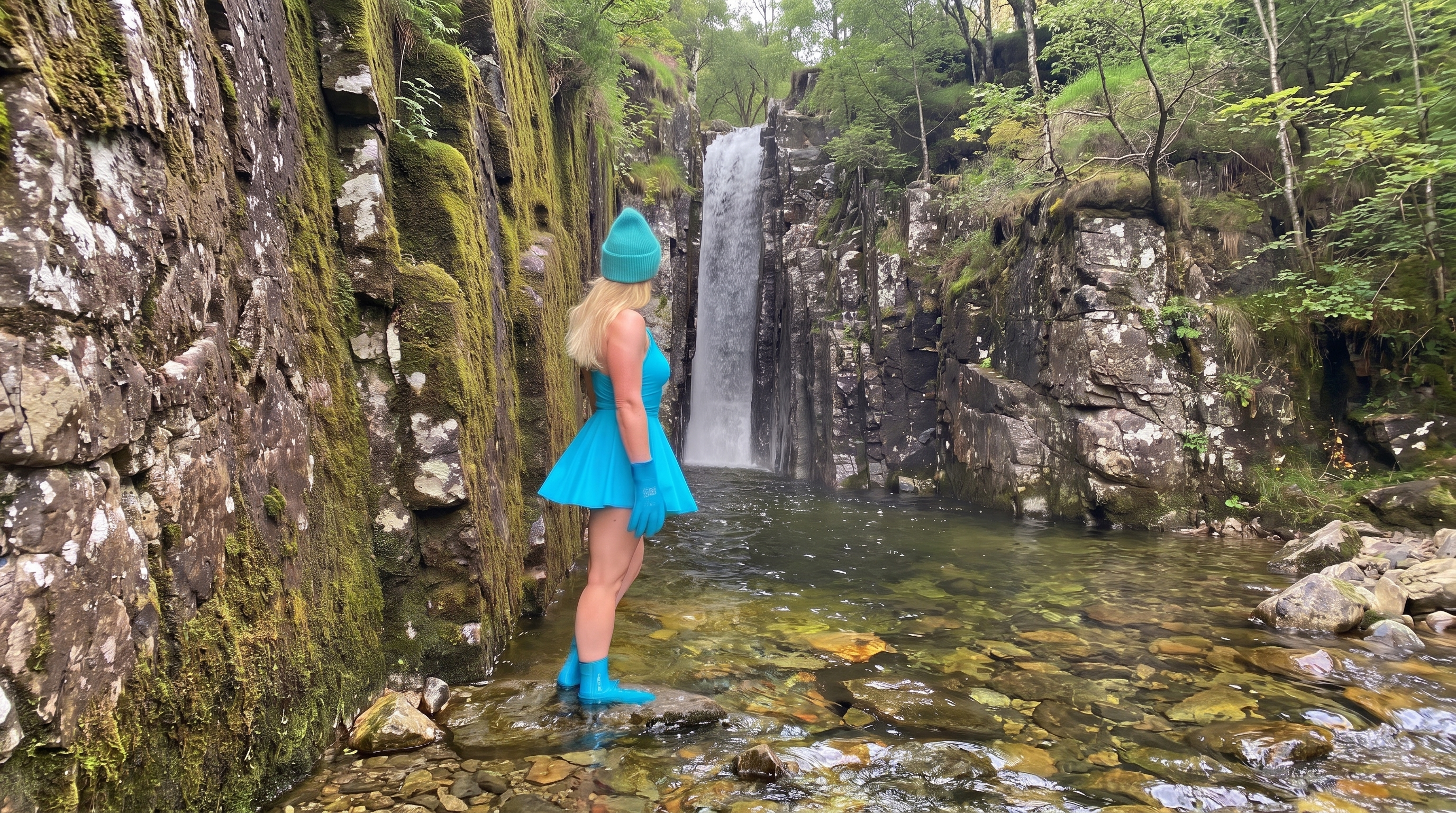 Ekte foto: modell i Fjord Vibes badekjole og neopren ved foss, hele hodet synlig