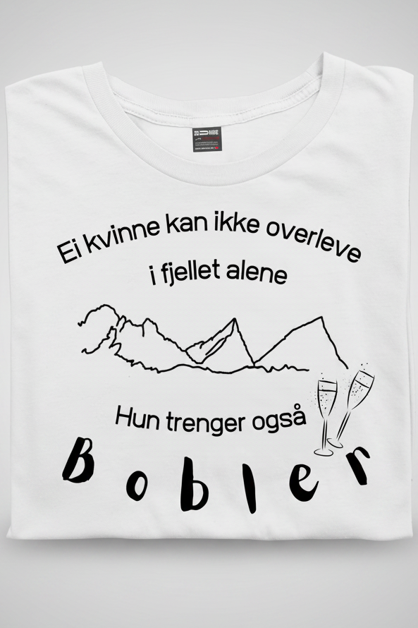 Hvit t-skjorte med motiv av prosecco og bobler dame-modell på bokmål