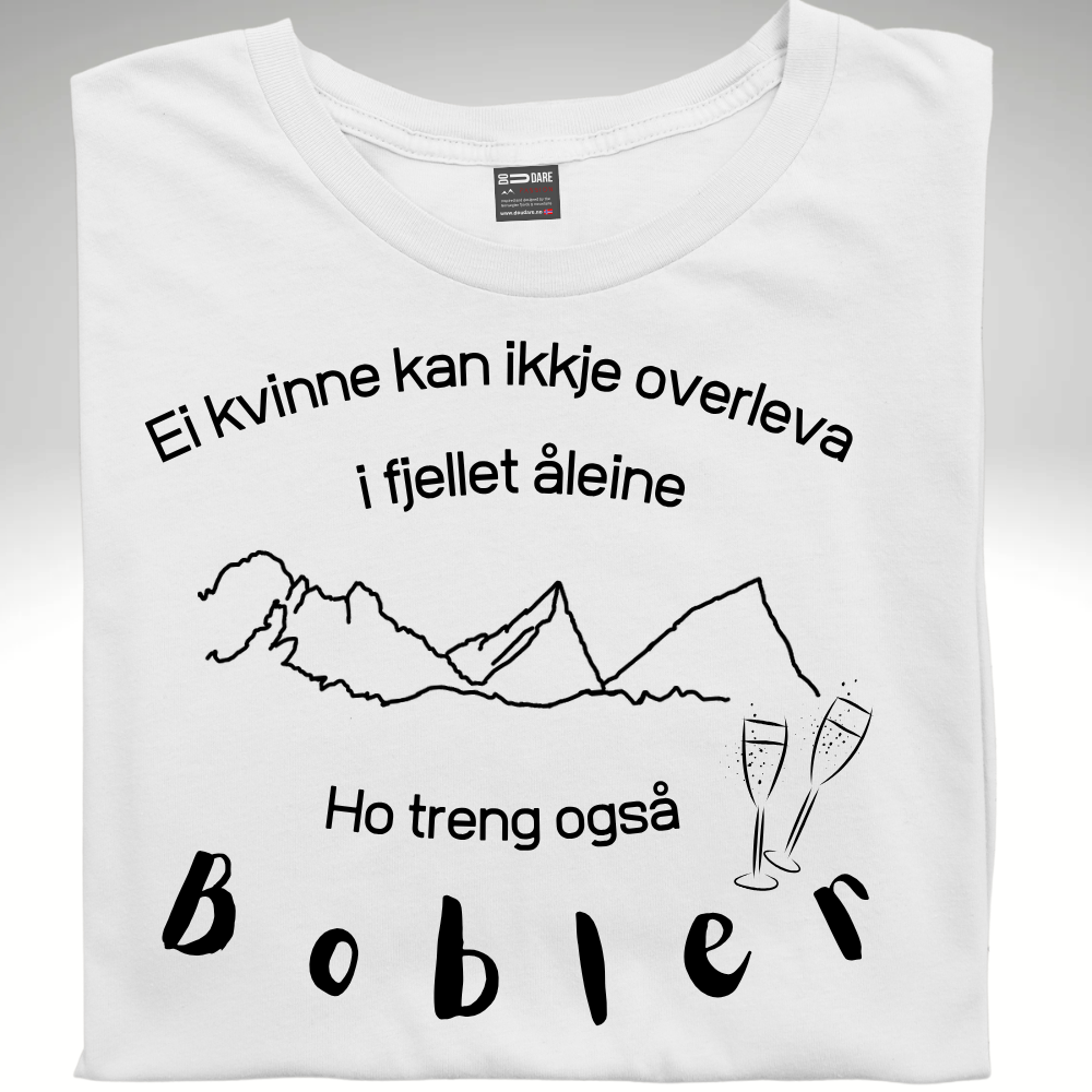 Hvit t-skjorte med motiv av prosecco og bobler dame-modell på nynorsk