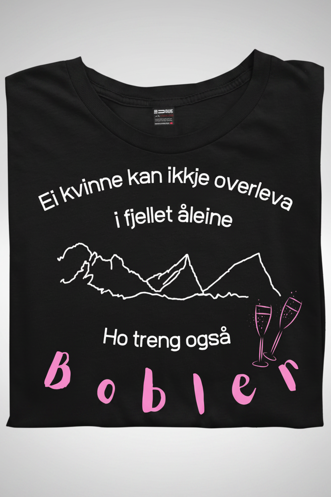 Svart t-skjorte med motiv av prosecco og bobler dame-modell på nynorsk