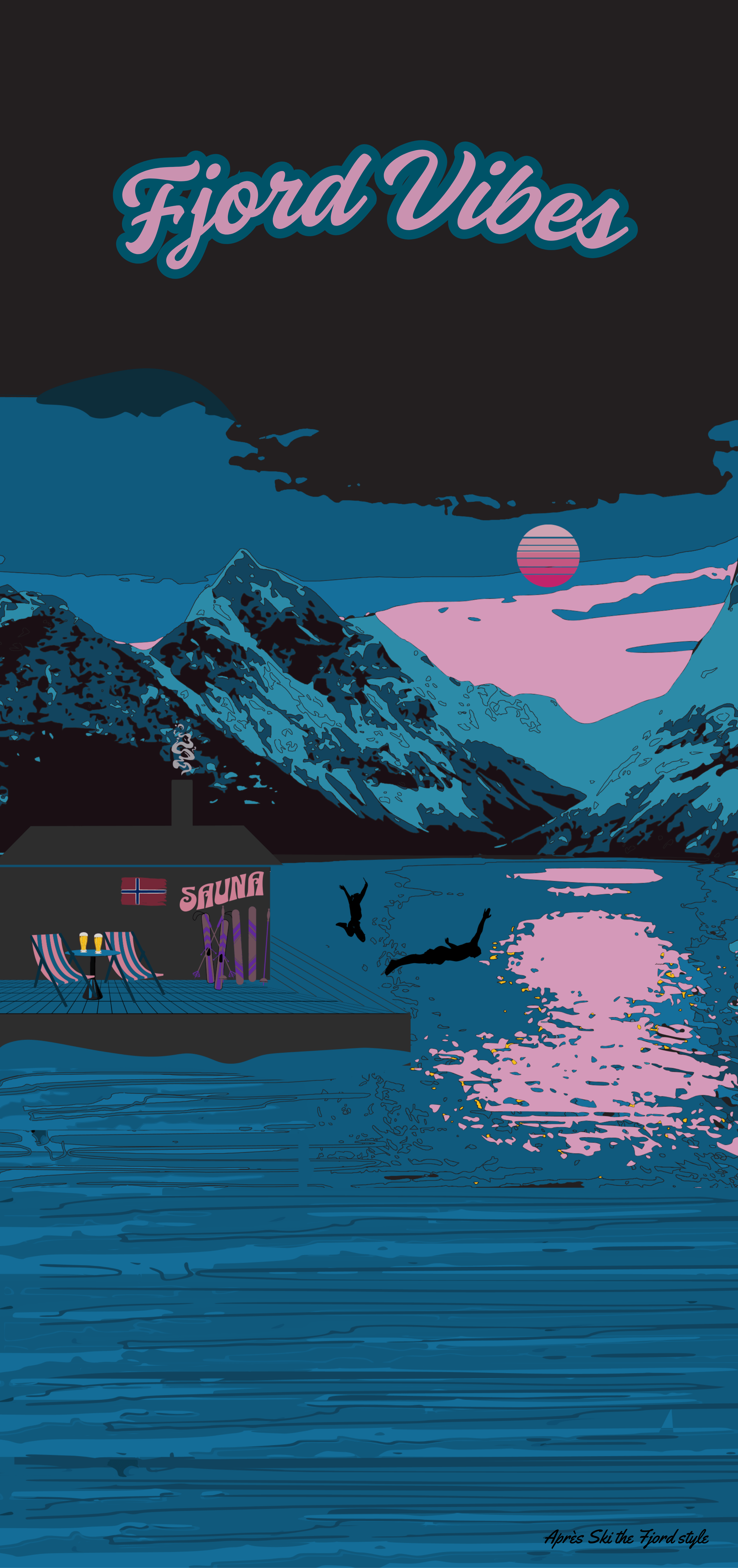 Badehåndduk i rosa og blå med motiv av fjord og fjell perfekt match til Badedrakt for isbading - Fjord Aprés 