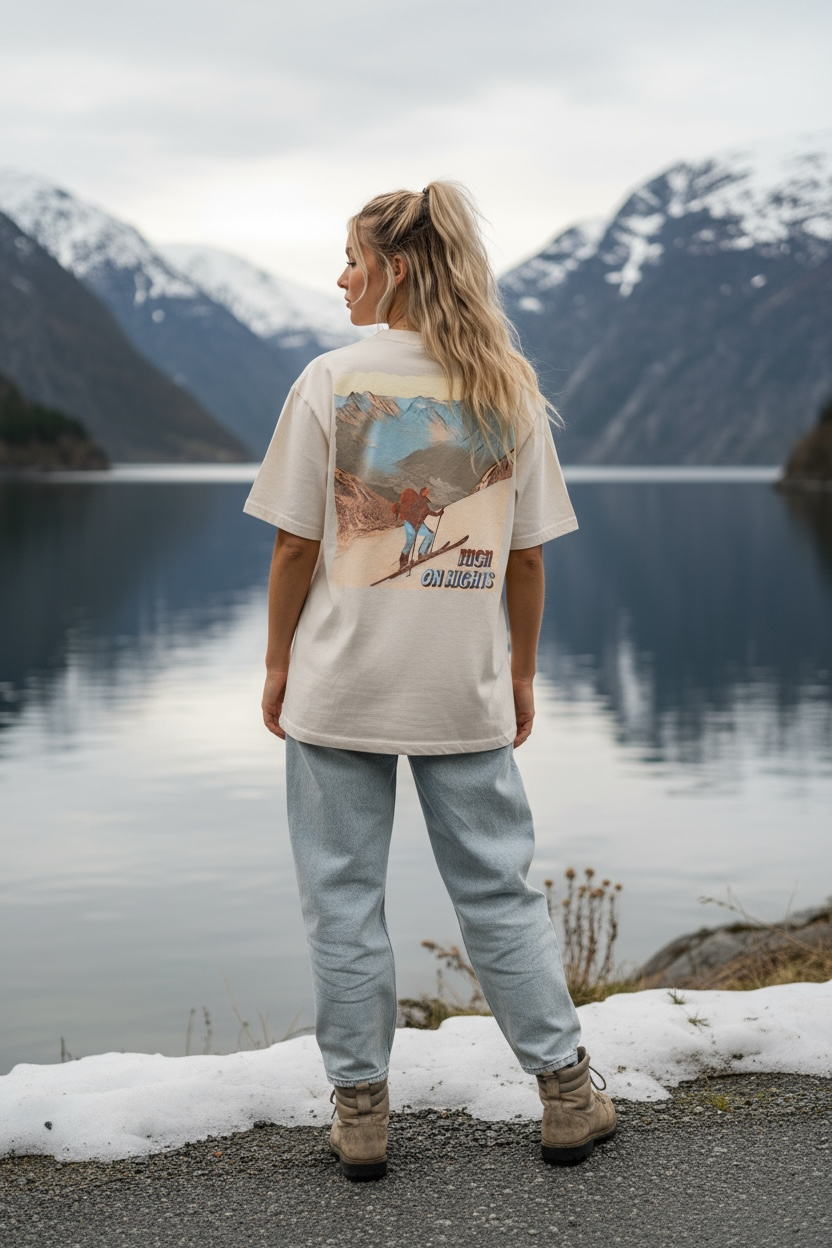Dame som har på en oversized beige washed tee med ski-motiv trykka på hele ryggen. Hun står ved en fjord med snø på fjelltoppene