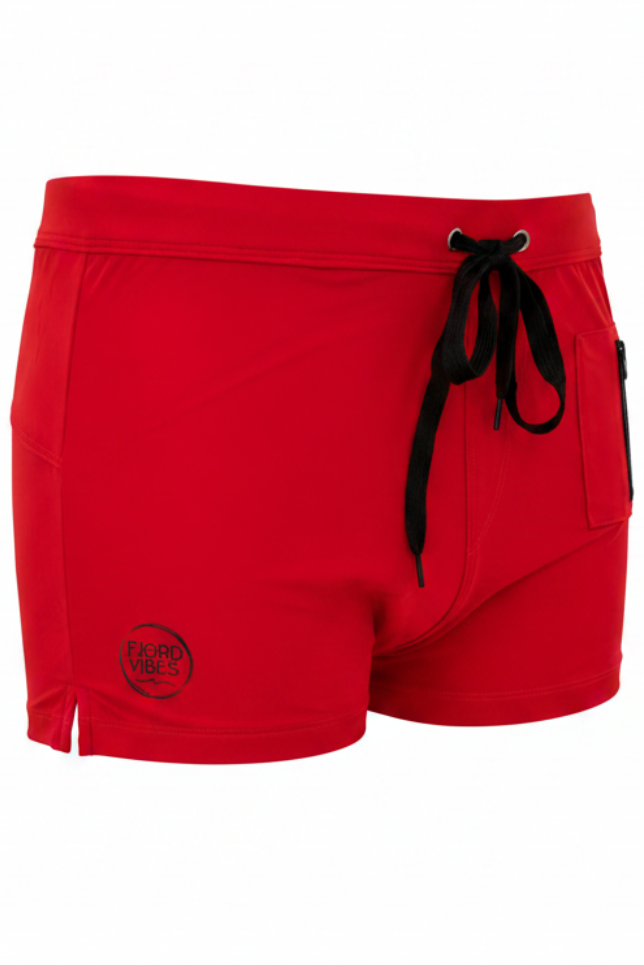 Rød Lauritz badebukse trunks for menn med snøring og lomme med glidelås fra Fjrod Vibes of Norway, sett fra høgre side