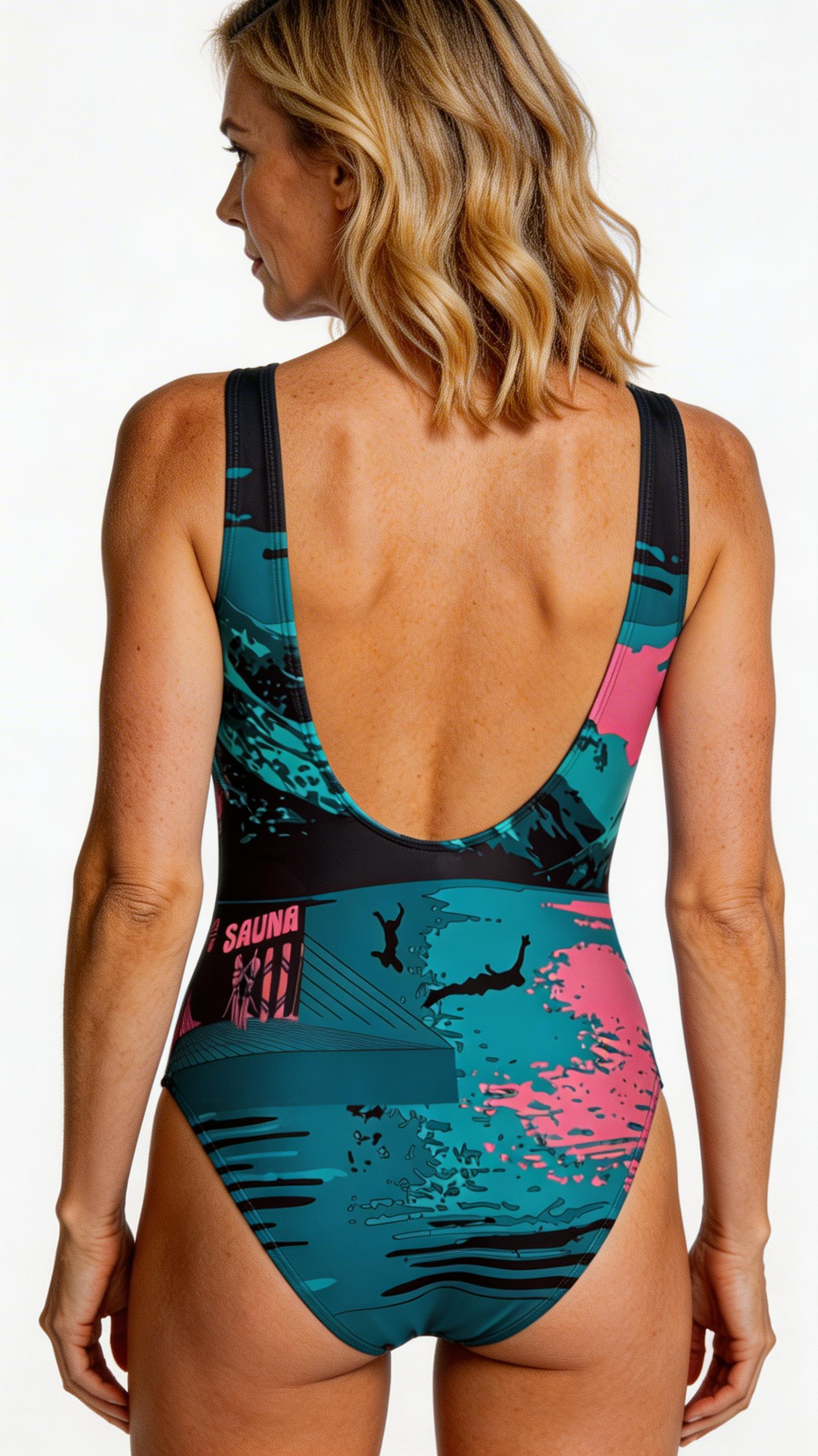 badededrakt med motiv av fjord og fjell i blå-rosa toner Sett bakfra med U rygg