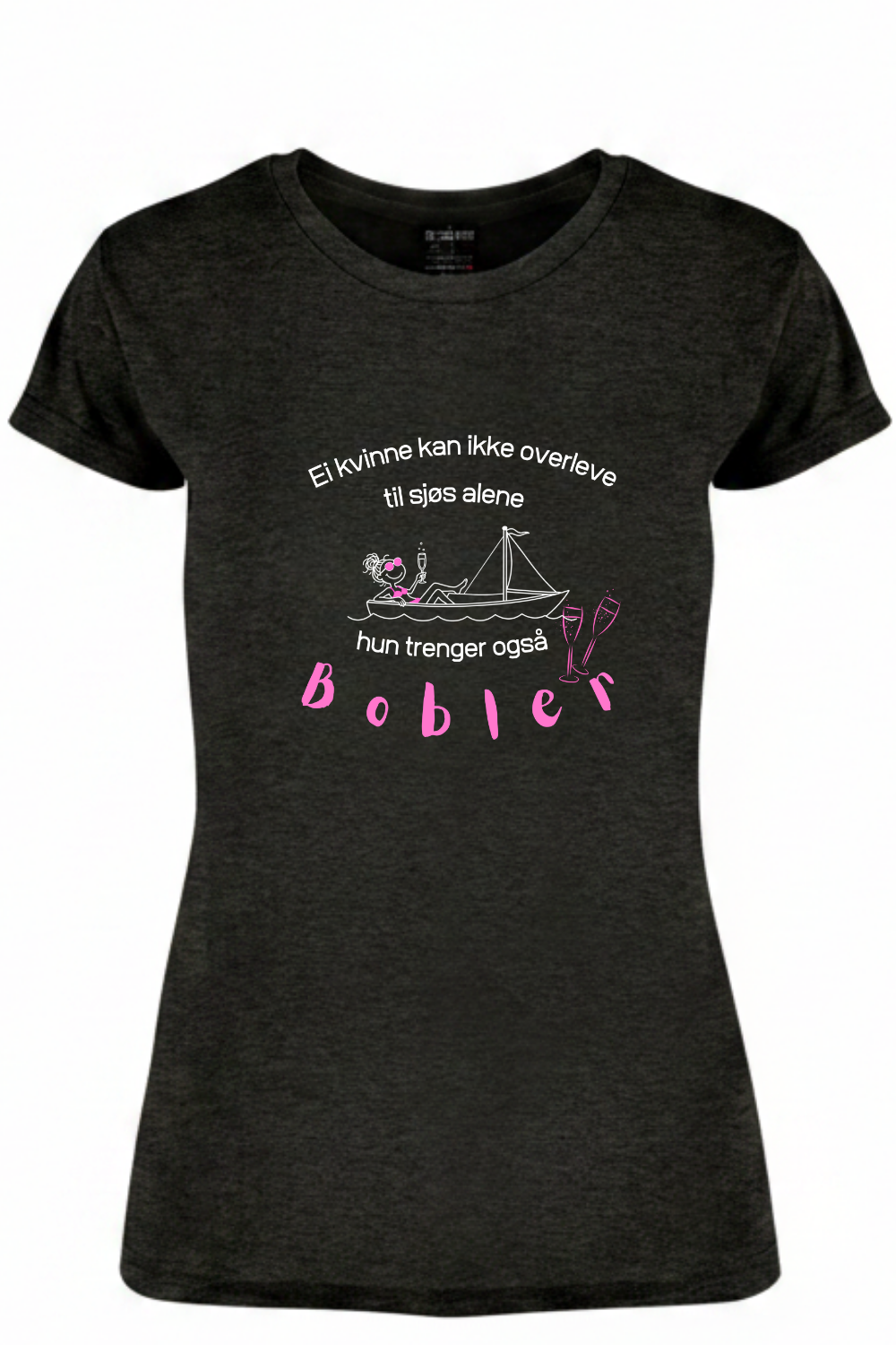 Prosecco t-skjorte for dame i melert mørk grå (charcoal) med hvitt båtmotiv og rosa Bobler – innsvinget dame-modell.