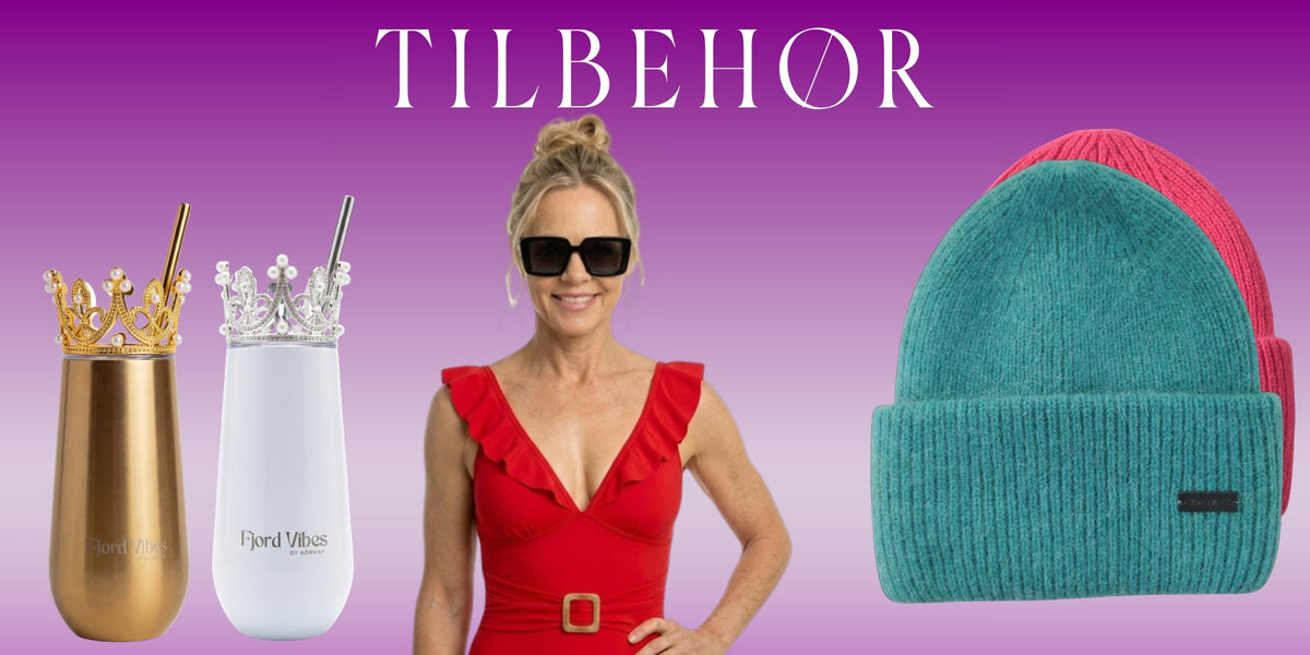 Tilbehør fra Fjord Vibes – proseccokopper med prinsessekrone, kvinne med solbriller og luer i angora-ull