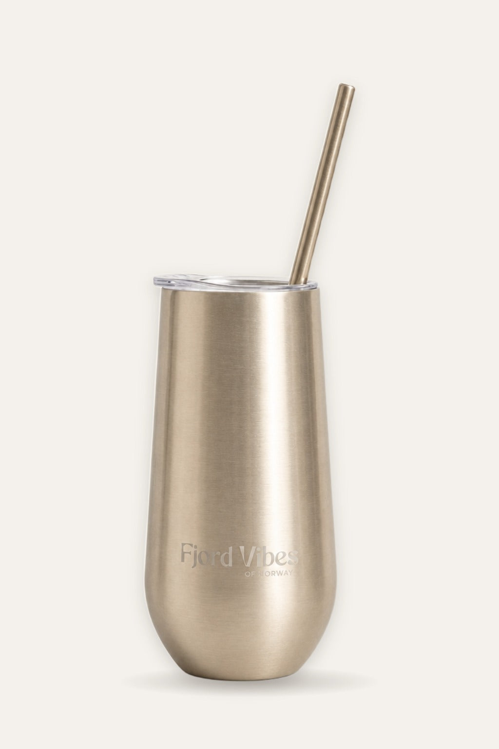 Prosecco termokopp i matte gold med lokk og sugerør i rustfritt stål – dobbelvegget champagneglass fra Fjord Vibes