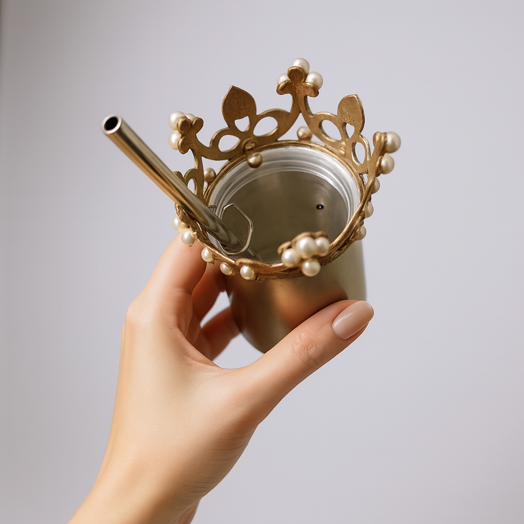 en elegant damehånd som holder en dobbeltvegget stål kopp formet som et proseccoglass med lokk med prinsesse-krone på samt åpning til medfølgende sugerør