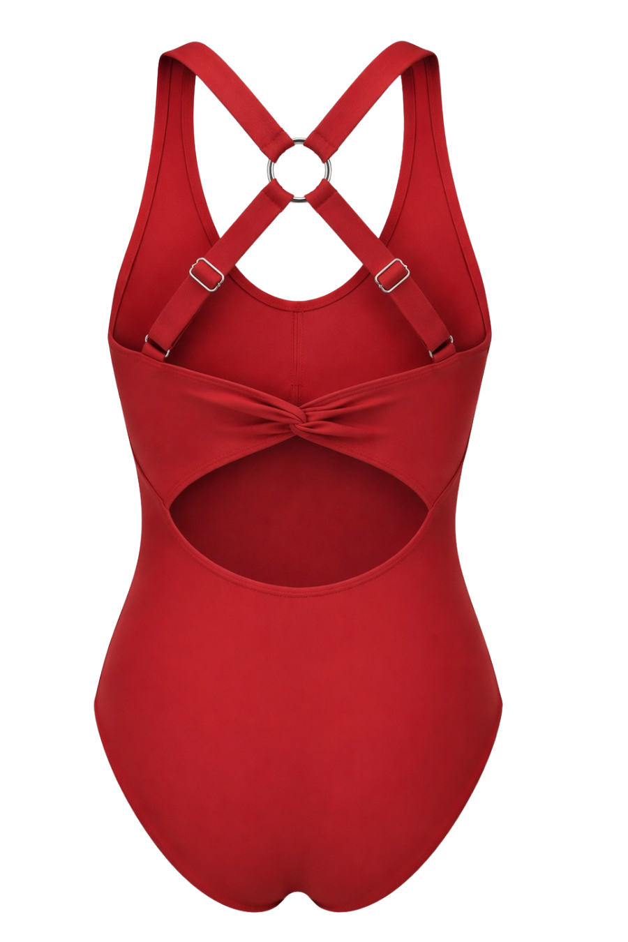 rød badedrakt fra fjord vibes of norway med detaljer i ryggen og åpning under brystet sett bakfra