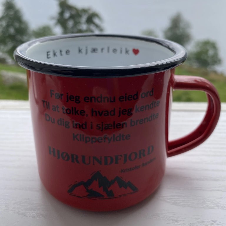 Emalje kopp med sitat fra Hjørundfjord entusiasten Randers - DoUdare