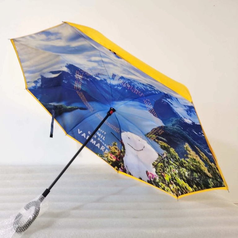 OppNed paraply med motiv frå Sæbønestua i Sunnmørsalpane - DoUdare